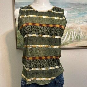 Vintage Y2K Crinkle Tank Top Size S | Olive Green Striped Made in USA